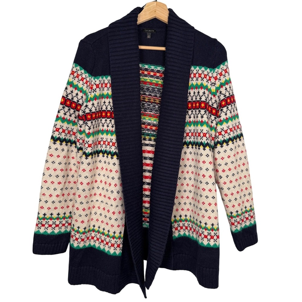 Talbots Womens Small Blue Fair Isle Shawl Collar Open Front Cardigan Sweater